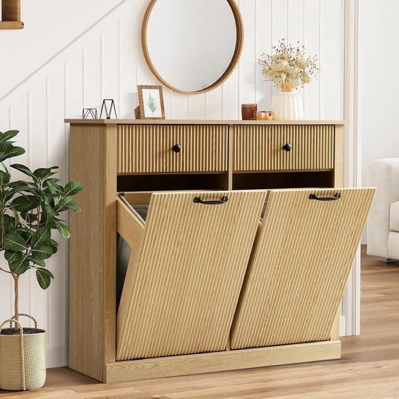 Magic Union Tilt Out Fluted Laundry Hamper Cabinet, 22 Gallon Double Hidden Laundry Hamper, Wooden Trash Can Cabinets with 2 Drawers, Modern Garbage Can Cabinet for Bathroom, Kitchen
