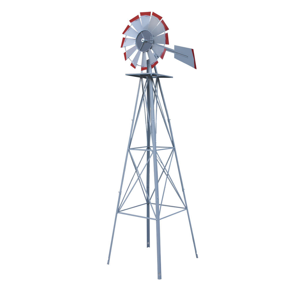 UBRTools 8ft. Ornamental Decorative Garden Windmill Silver Galvanized with Red Tips by UBRTools