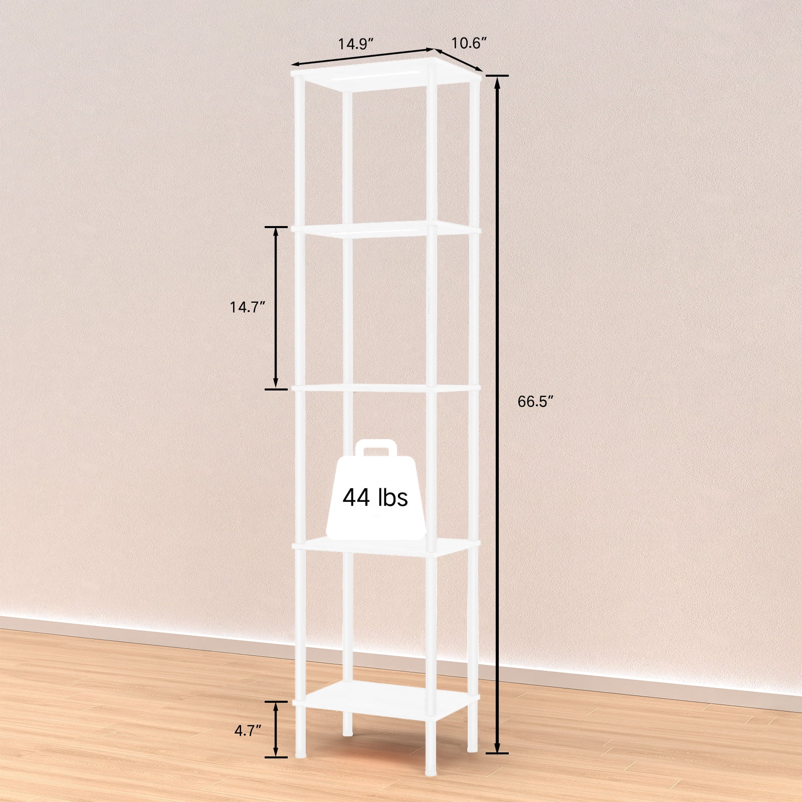 OUTONLIFE Display Shelf with LED Light Strip, 5-Tier Bookshelf, 66.5" Display Standing Shelf Units for Bedroom, Bathroom, Living Room, Kitchen, White