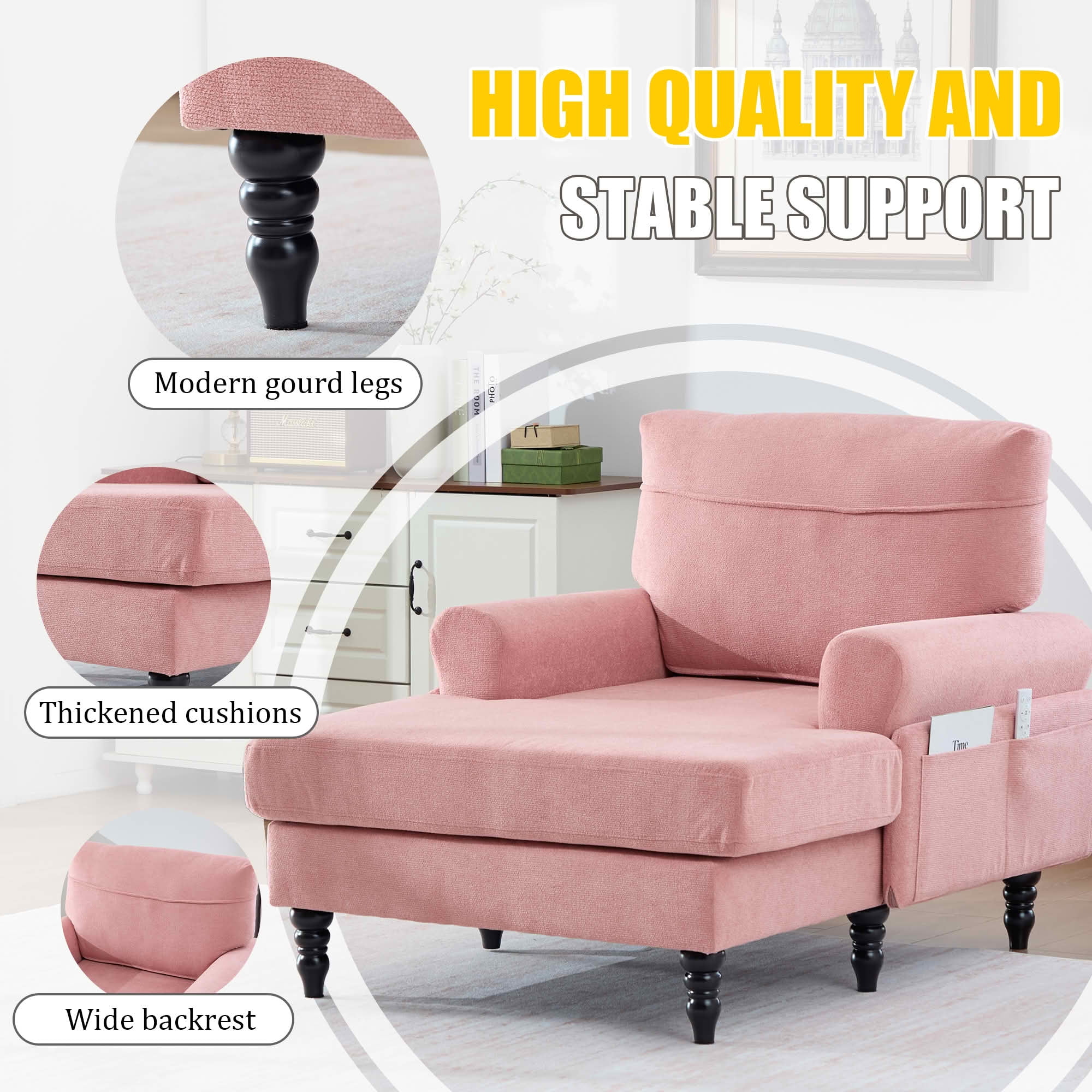 MAYEERTY Modern Minimalist Chenille Chaise Lounge with Armrests & Side Storage Pockets, Wide Seat Single Recliner Sofa with Solid Wood Legs for Living Room Bedroom Office