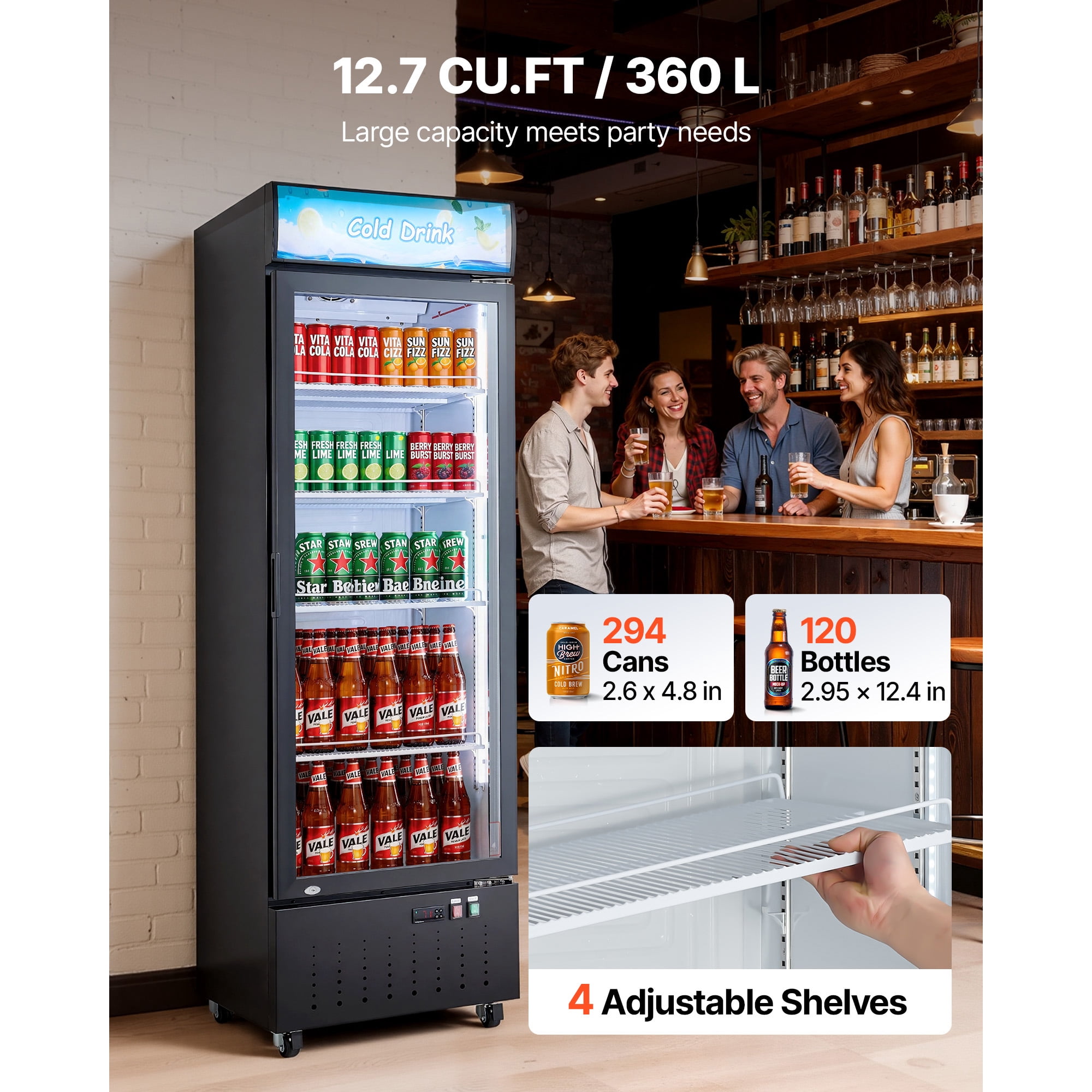 KFFKFF Commercial Glass Door Refrigerator, 12.7 Cu.Ft / 360 L Upright Beverage Cooler with Adjustable Shelves, LED Lighting, and Customizable Lightbox for Home or Retail Use