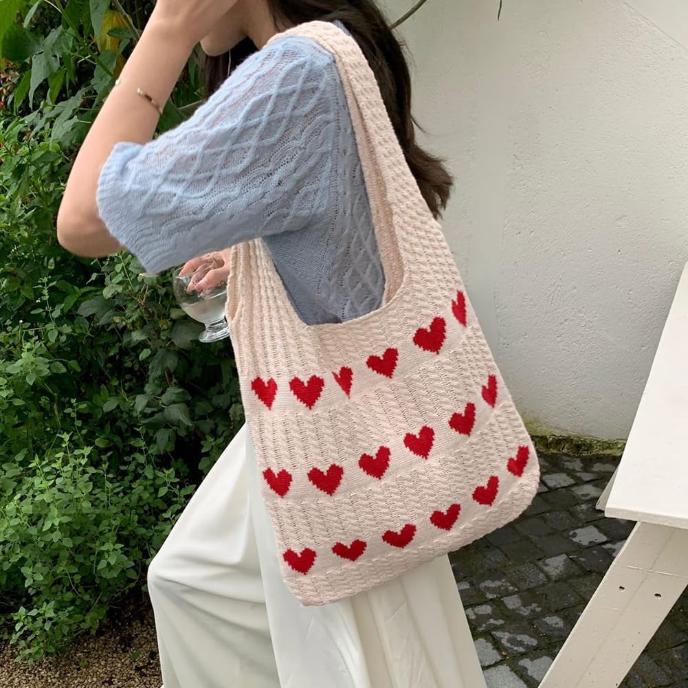 CAILDANL Crochet Tote Bag Cute Aesthetic Hobo Bag Hearts Pattern Knitted Shoulder Bag Hollow Beach Bag for Women