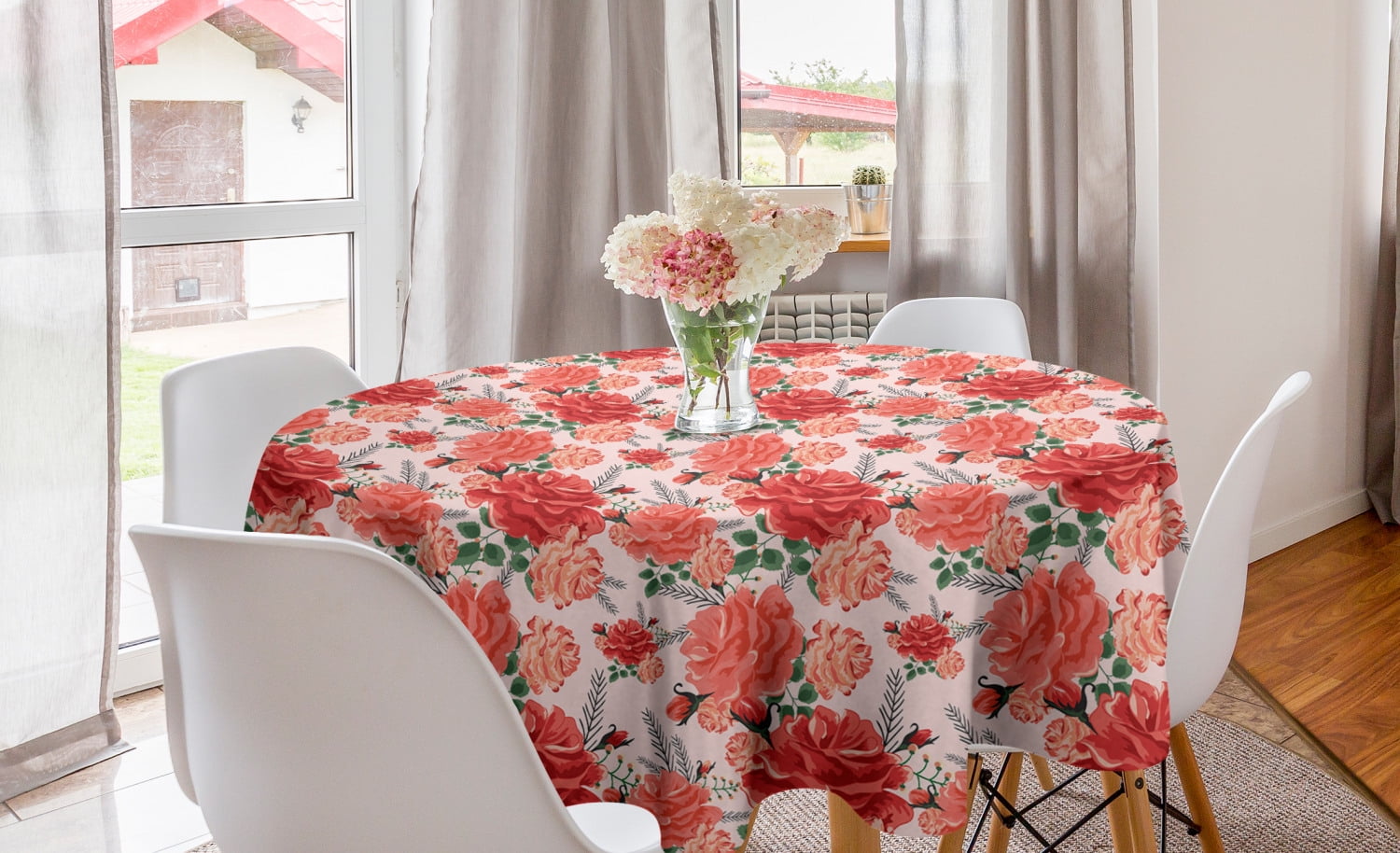 Floral Round Tablecloth, Classical Romantic Abstract Rose Spring 