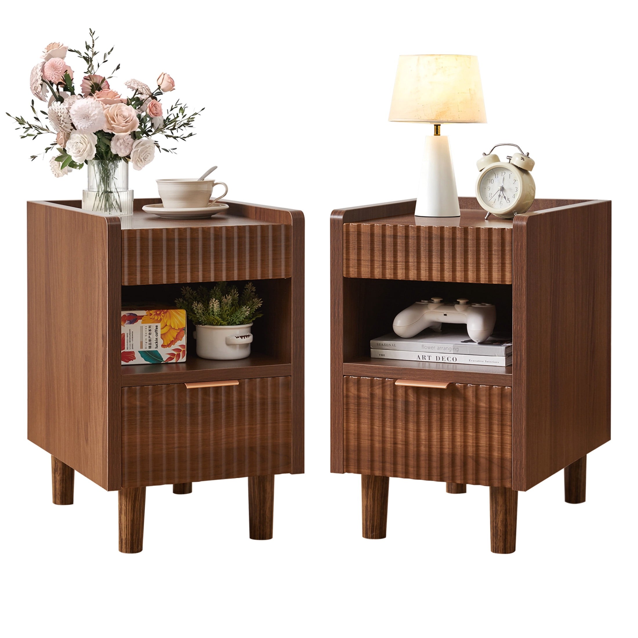 Noble House Fluted Wood Nightstand Set of 2, Bedside Tables with Drawer and Open Shelf, Walnut