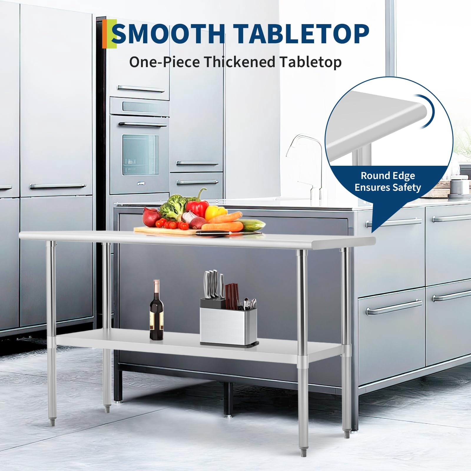 Stainless Steel Table, 24 x 48/24 x 60 Inches Metal Prep Worktable with Undershelves and Backsplash for Commercial Kitchen, Outdoor, Restaurant, Hotel & Garage, Adjustable Height