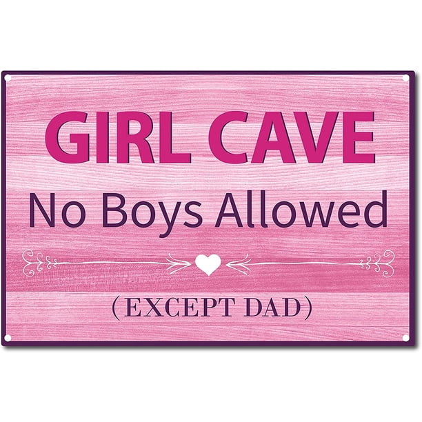 Letrero de metal en lata "Girl Cave" con texto "No se permiten niños excepto papá", retro, vintage, divertido, arte mural colgante, pintura de hierro