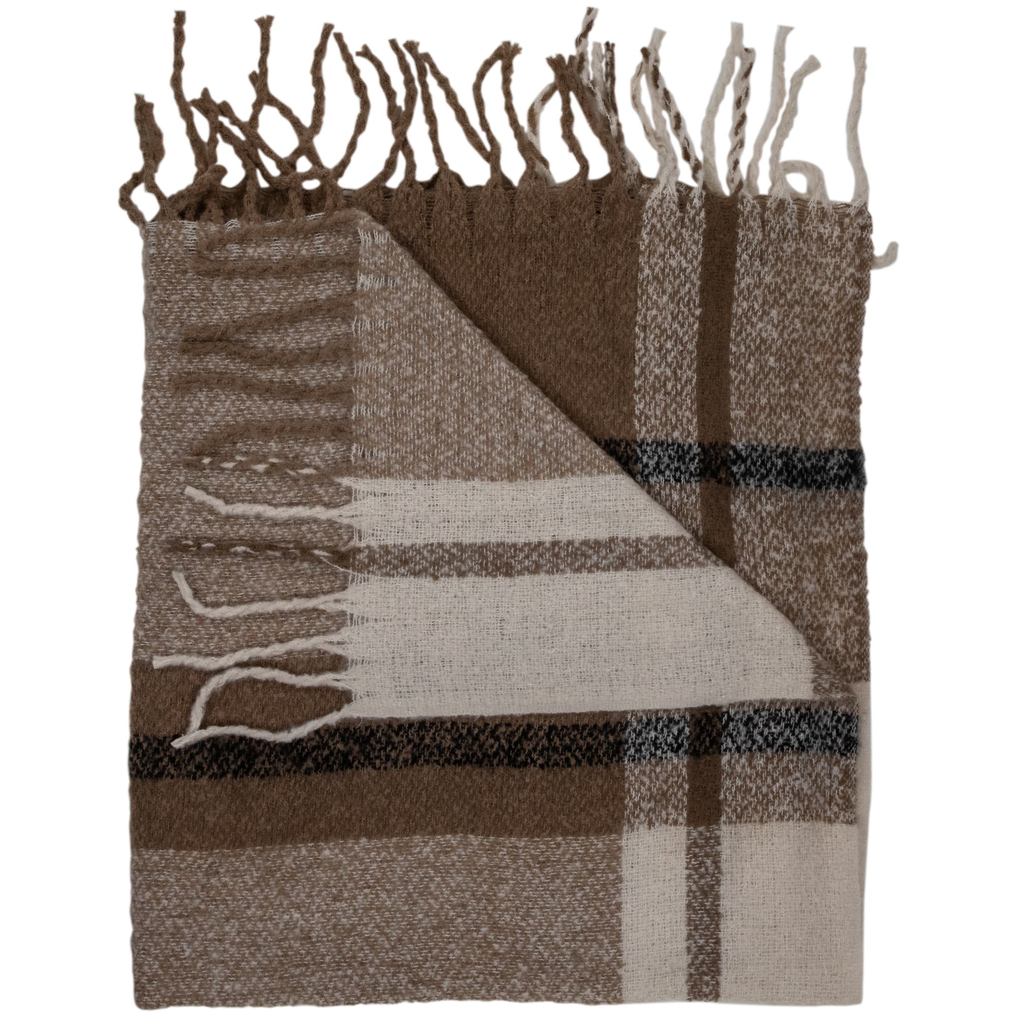 Taupe Plaid Woven Throw Blanket with Fringe 50" x 60"