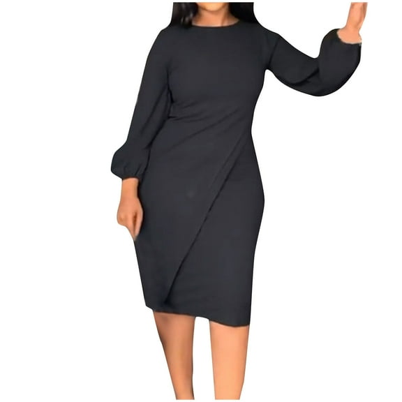 pstuiky Womens Dresses, Women Solid Color Lantern Sleeve Dress Long Sleeve Crew Neck Dress Maxi Dress Party Dress Leisure Black XL