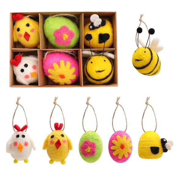 6Pcs Patterned Felted Easter Egg Hanging Ornaments for Tree and Wall Decor with Spring Flower Bunny Designs for Basket Fillers and Party Favors