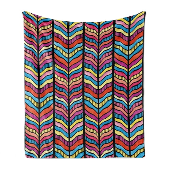 Abstract Soft Flannel Fleece Blanket, Watercolor Style Colorful Rainbow Leaf Like Modern Design with Black Lines Arwork, Cozy Plush for Indoor and Outdoor Use, 60" x 80", Multicolor, by Ambesonne