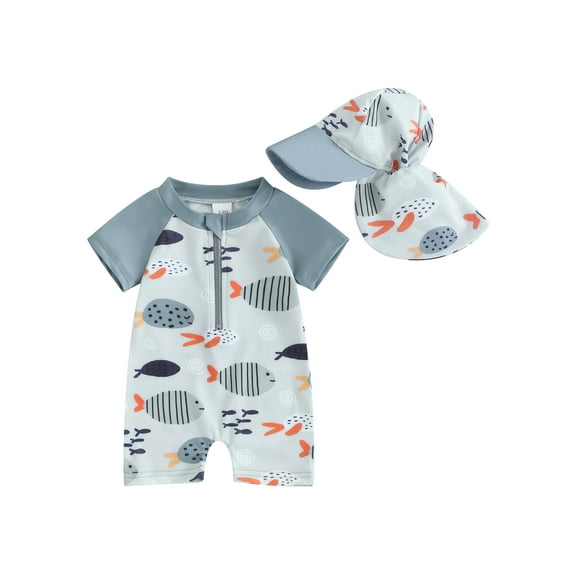 Qtinghua Infant Toddler Baby Boys Rash Guard Swimwear Fish Print Short Sleeve Swimsuits Front Zipper Bathing Suits with Swimming Hat White 0-3 Months
