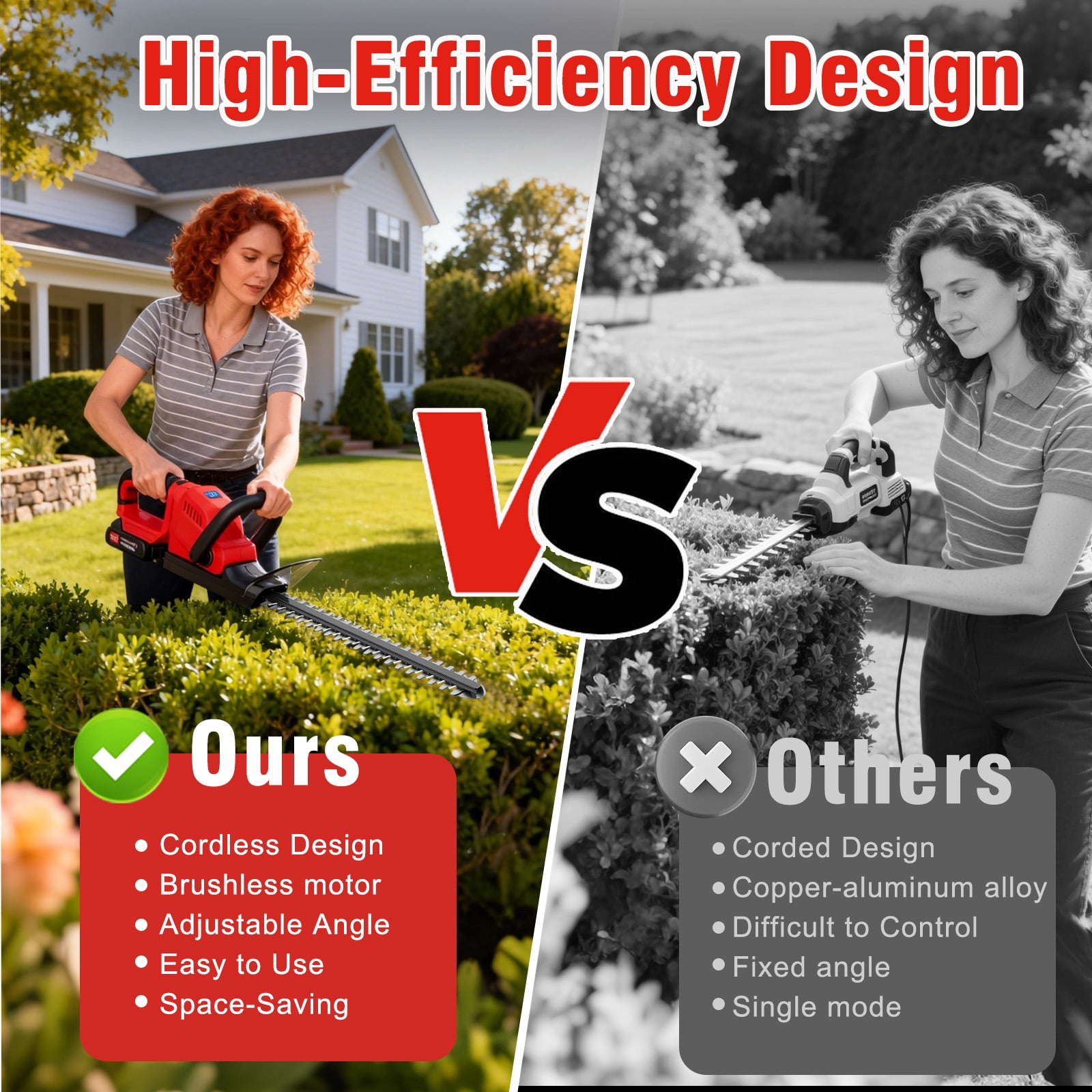 22" Cordless Hedge Trimmer with 180° Rotatable Head, 21V Electric Bush Trimmer with 2 x 2000mAh Batteries, 1000W 24000r/min Motor, 65Mn Steel Blade for Garden Yard, Red