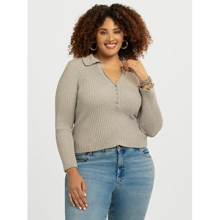 Jessica Simpson Women's and Women's Plus Luanne Polo Sweater with Long Sleeves, Lightweight, Sizes XS-4X