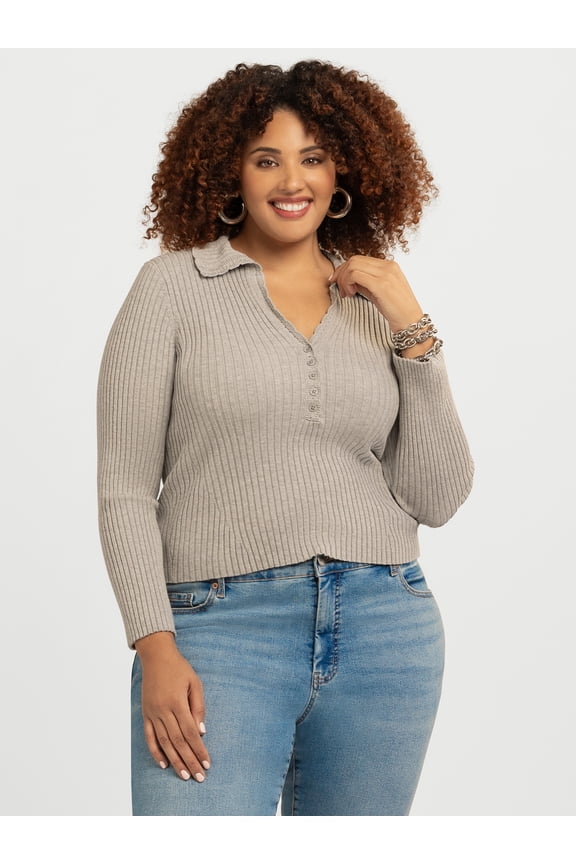 Women's and Women's Plus Luanne Polo Sweater with Long Sleeves, Lightweight, Sizes XS-4X