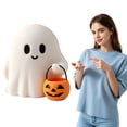 thumbnail image 4 of 3D Printed Plastic Ghost Figurine,4Pc White Ghost Tabletop Statue, Halloween Ghost Decor, Mini Ghost Ornament with Pumpkin Bucket, Cute Ghost Desktop Decoration for Mantel, Shelf, 4 of 5