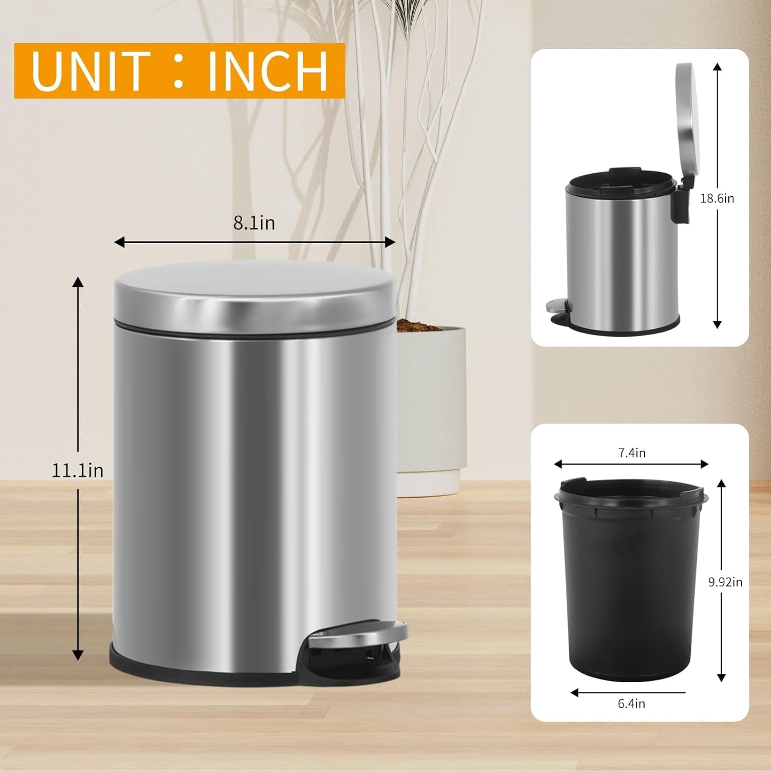 Small Bathroom Trash Can Toilet Trash Bin with Lid Waste Bin 6 L/1.6 Gallon Stainless Steel Trash Can Round Portable Garbage Bin for Bathroom Office Bedroom Rubbish Bin Step-Open, Silver (2 Pack)