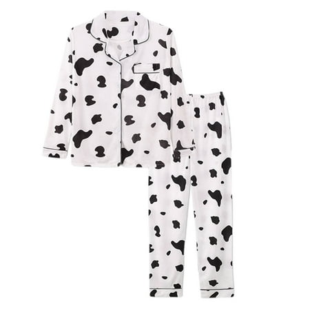 Aboser Cute Pajama Sets for Women Fashion Cow Print Sleepwear Button Long Sleeve Tops and Pants Pj Set Warm and Cozy Loungewear