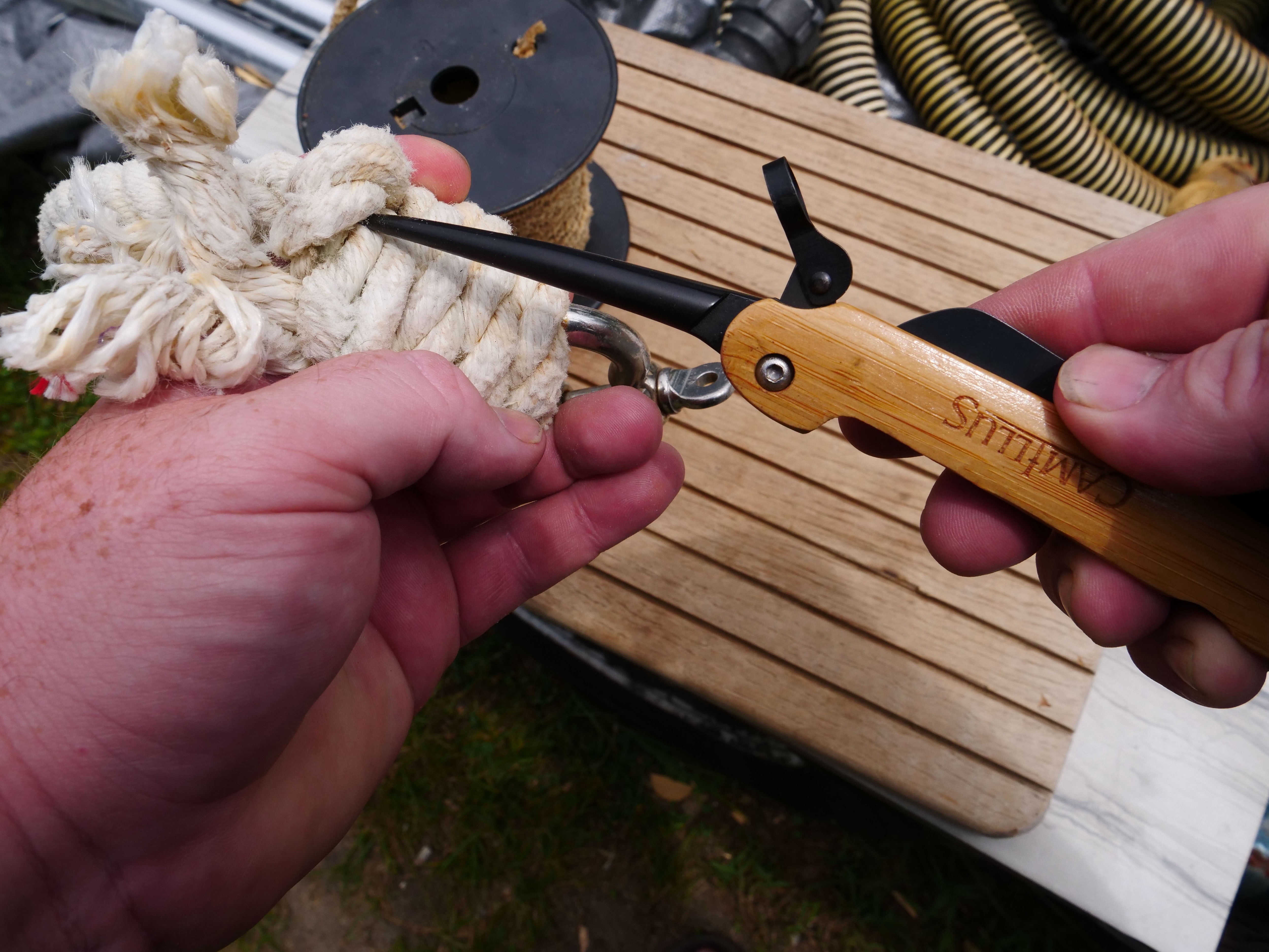 Camillus 7.5" Folding Pocket Knife, 1.34" Sheep Foot Blade with Marlin Spike, Bamboo Handle
