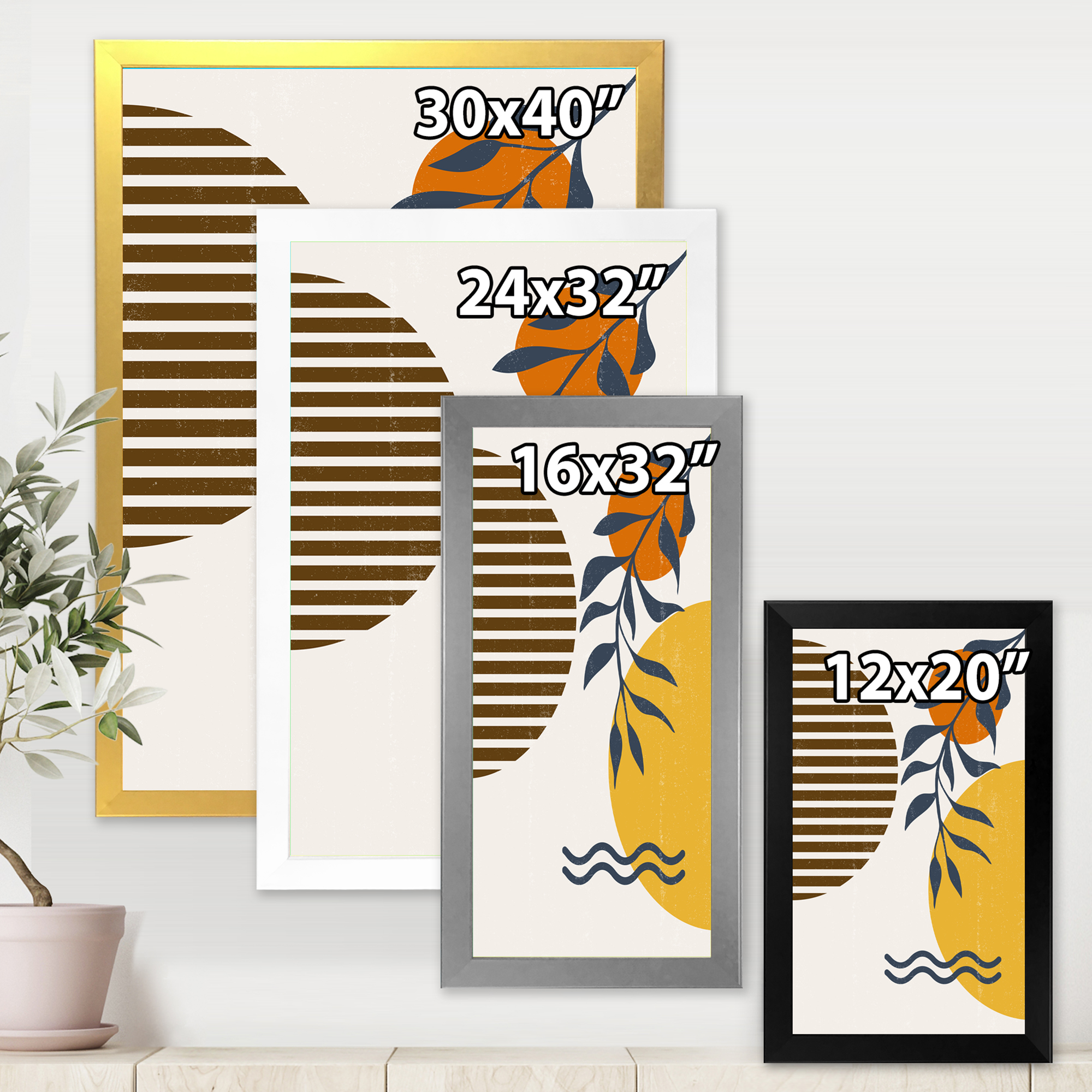 Designart 'Abstract Shapes With Botanical Minimalist Leaf I' Modern Framed Art Print