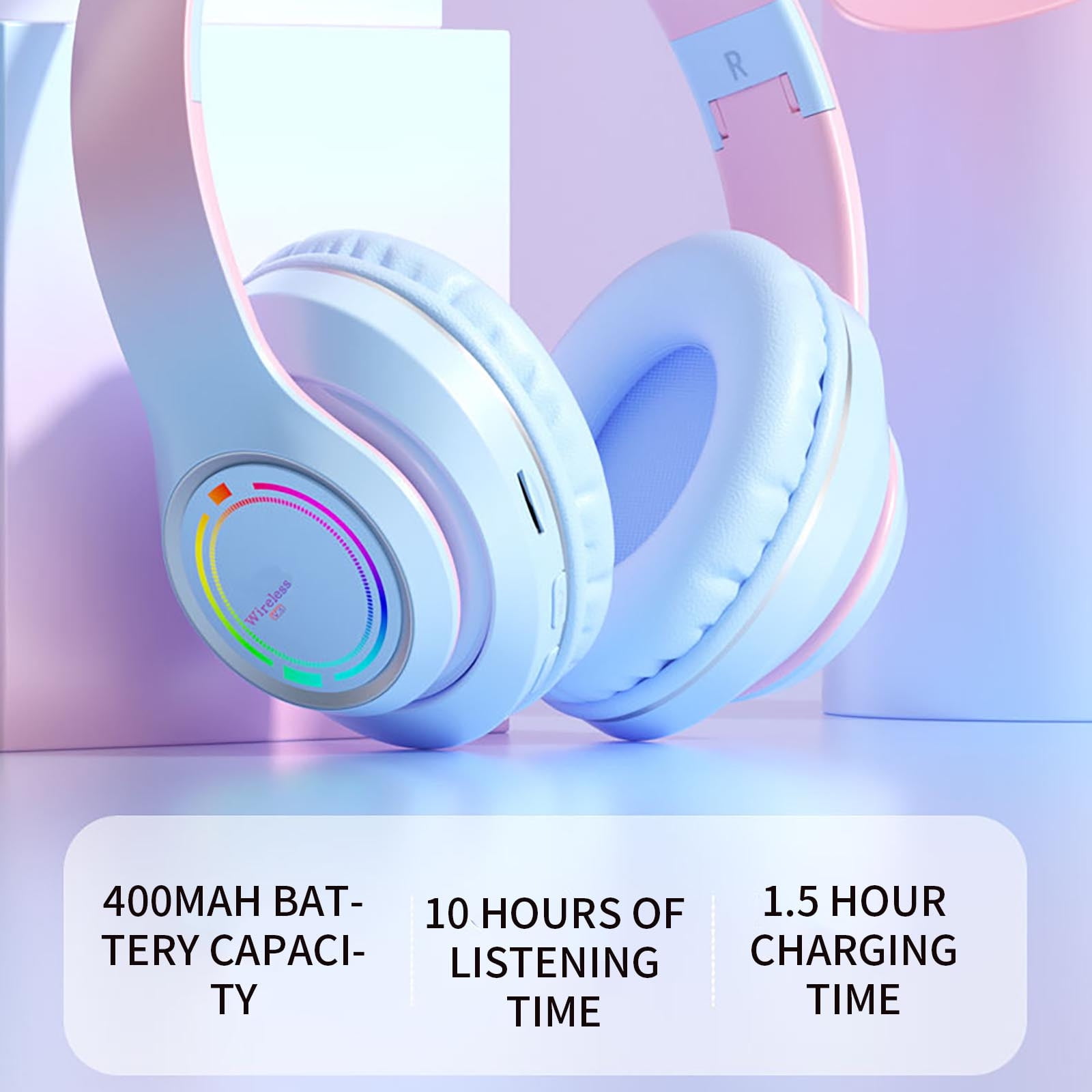Bluetooth headphones with up to 40 hours battery, microphone for call, foldable and comfortable, Android and iOs compatible,Blue