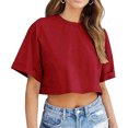 thumbnail image 4 of Kovlvoll Crop Tops for Women Crewneck Short Sleeve T-Shirts Loose Casual Summer Solid Color Cropped Top, 4 of 7