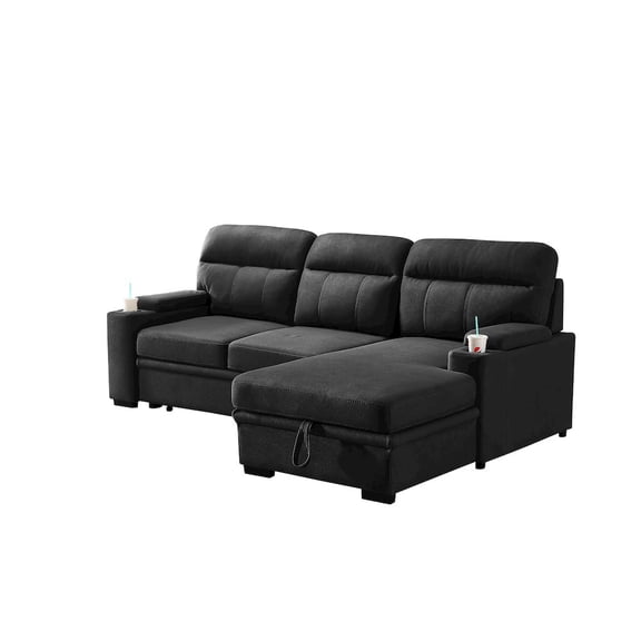 Lilola Home 93" Black Fabric Sleeper Sectional Sofa Chaise with Storage Arms and Cupholder