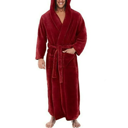 

DoubleYi Men Long Bath Robe Soft Coral Fleece Solid Color Pockets Home Gown Sleepwear