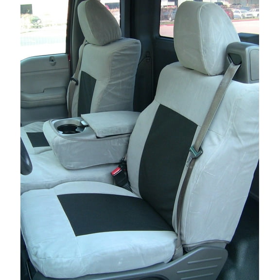 F369 2004-2008 Ford F150 XLT Super Cab Front 40/20/40 Split Seat With Adjustable Headrests and Opening Center Console Two Tone in Dark Gray Velour and Black Twill