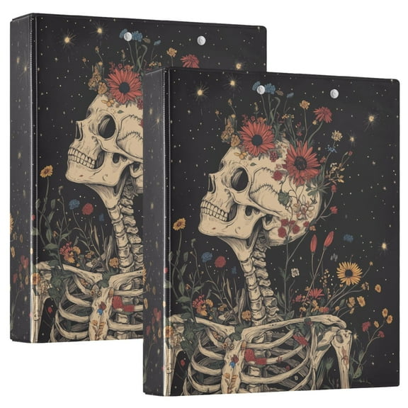 FORMRS 3 Ring Binder 1.5 inch with Pockets Set of 2 Clip Board 200 Sheets Capacity, Skeleton with Flowers Pattern