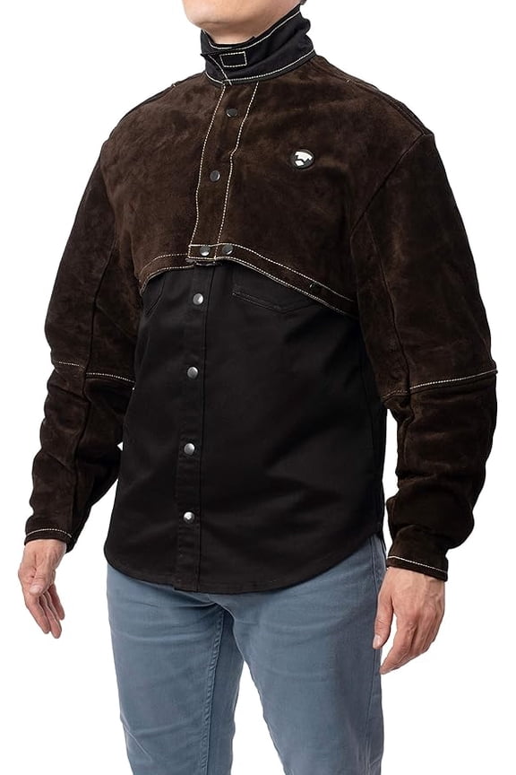 Split Leather Welding Cape with Sleeves, Open Back Welding Jacket Comfort, Adjustable Cuffs for Secure Fit and Flexible Stand Up Collar (Medium)