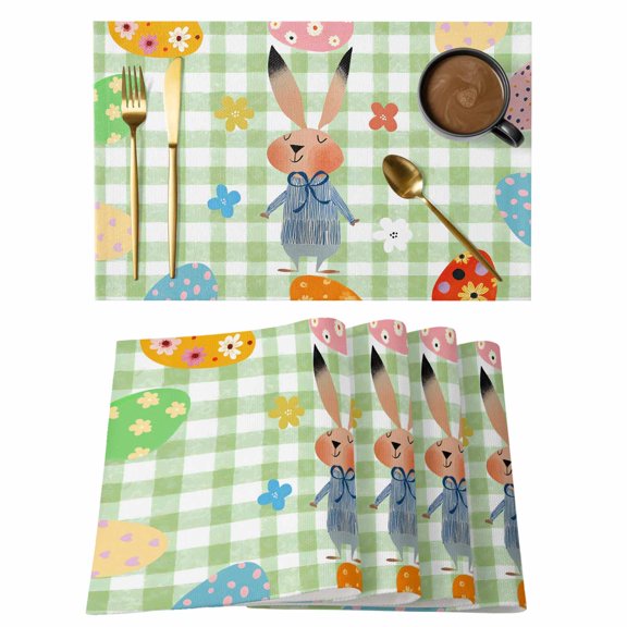 Spring Easter Placemats Set of 12, Green Plaid Bunny Colorful Eggs Floral Placemats for Dining Table, Place Mats for Kitchen Tabletop, Waterproof Wipeable Dining Table Mats Set