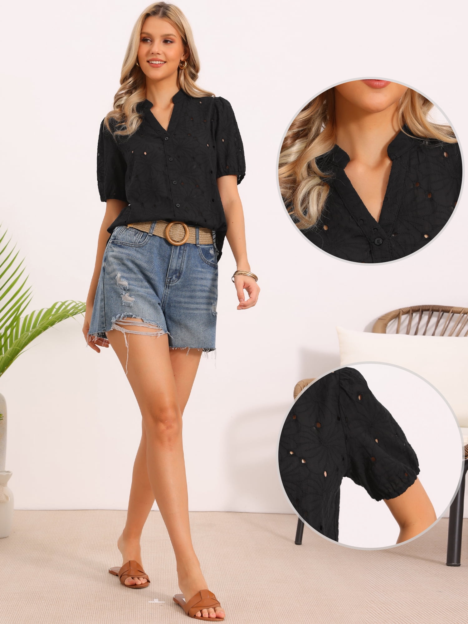 DARING DIVA Women's Eyelet Tops Short Sleeve Casual V Neck Hollow Out Shirts XL Black