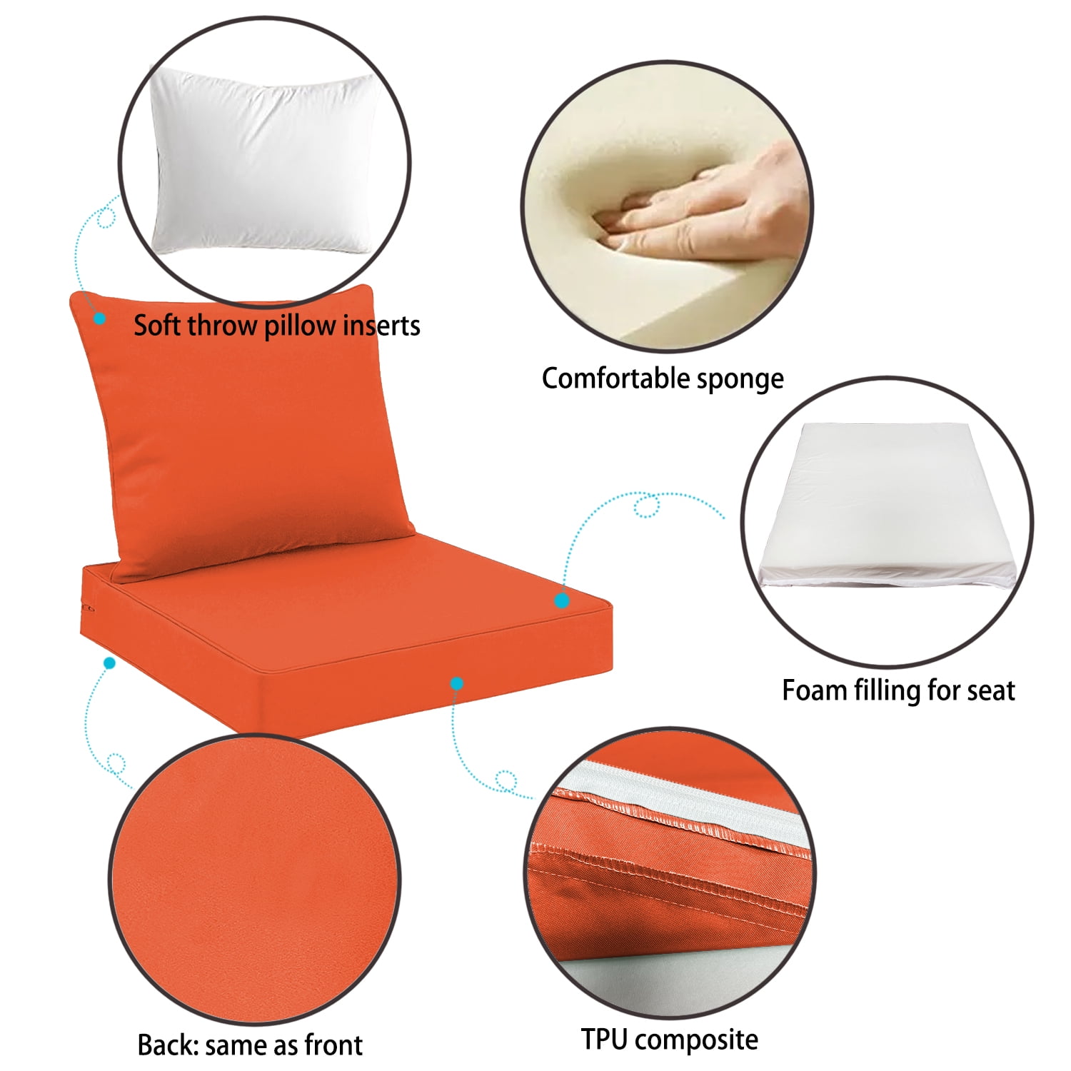 Outdoor Seat Cushions for Patio Furniture Set of 24x24 Inch for Waterproof Replacement Cushions with Removable Cover for Chair Yard Garden Deck，Orange