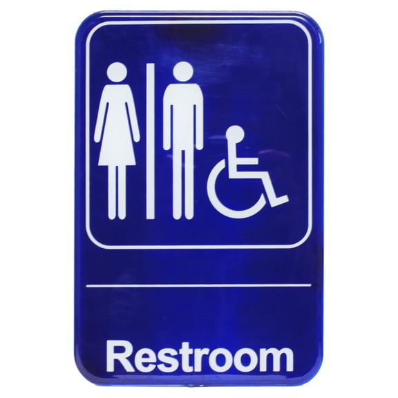 Excellante White on blue 6 x9 inch information sign with symbols - restroom/accessible, comes in each
