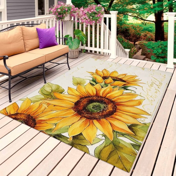 Sunflower Outdoor Rug for Patio/Deck/Porch, Non-Slip Large Area Rug 3 x 5 Ft, Yellow Summer Botanical Pastoral Floral Indoor Outdoor Rugs Washable Area Rugs, Reversible Camping Rug Carpet Runner