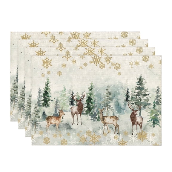 Smile Watercolor Deer Trees Snowflakes Winter Christmas Placemats Set of 4, 12 x 18 Inch