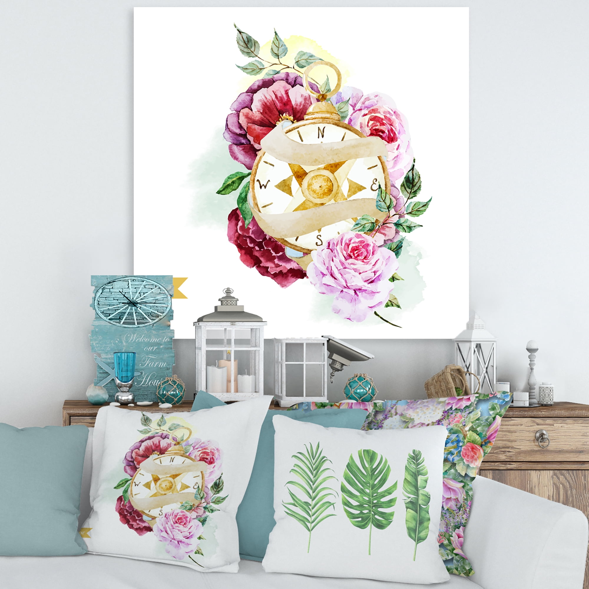 Designart ' Compass Among Flowers ' Traditional Canvas Wall Art Print