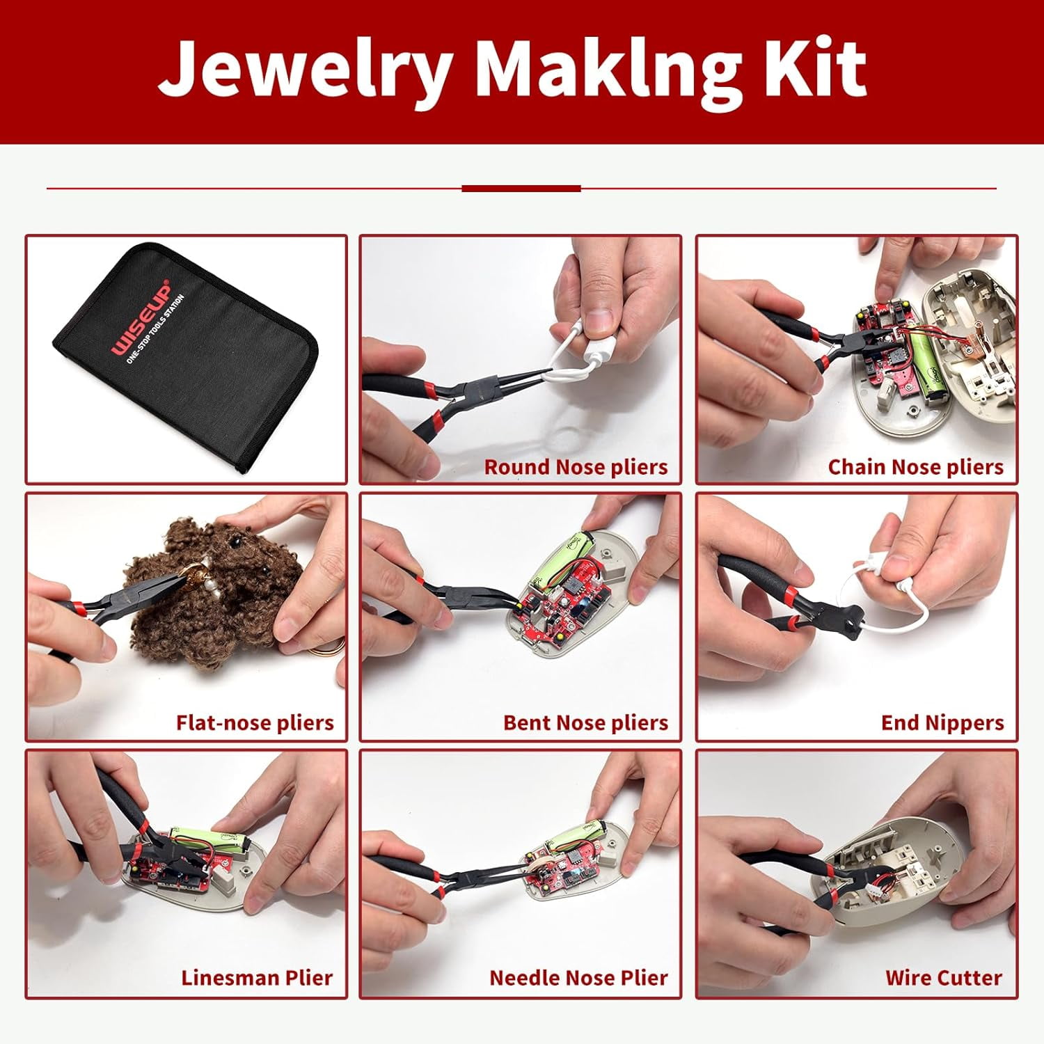 8-Piece Mini Set，Needle, Round, Flat, Long, Bent Nose, Diagonal, End Cutting & Linesman for Crafting, Electronics & Jewelry Making，with Pouch