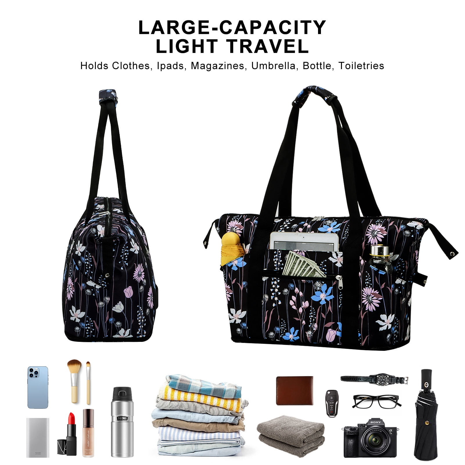 HAWEE Expandable Duffel Bag for Women with Trolley Sleeve and Wet Pocket Water Repellent Weekender Travel Tote Large Capacity Carry On Overnight Luggage for Gym/ Trip/ Camping/ Beach, Dreamy Flower