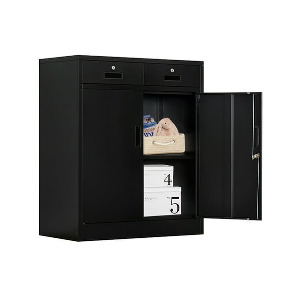 Metal Storage Cabinet with 2 drawers. Lockable Steel Storage Cabinet with Doors and Shelve, 37”H Office Cabinet for Home, Garage, Warehouse with large storage space. (Black)