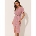 thumbnail image 2 of INSPIRE CHIC Women's Polka Dots Button Decor V Neck Split Belted Dress Pink L, 2 of 5
