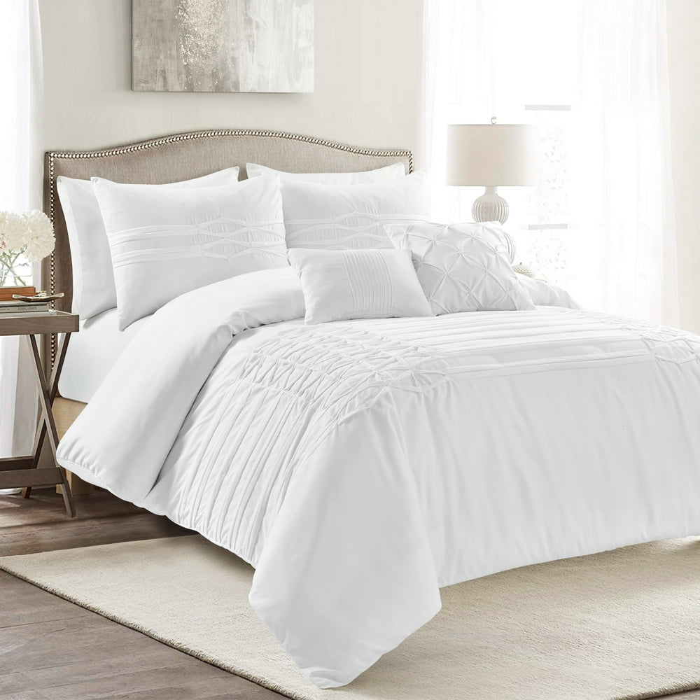 Lush Decor Arora Pleat Textured Polyester Comforter, King, White, 5Pc