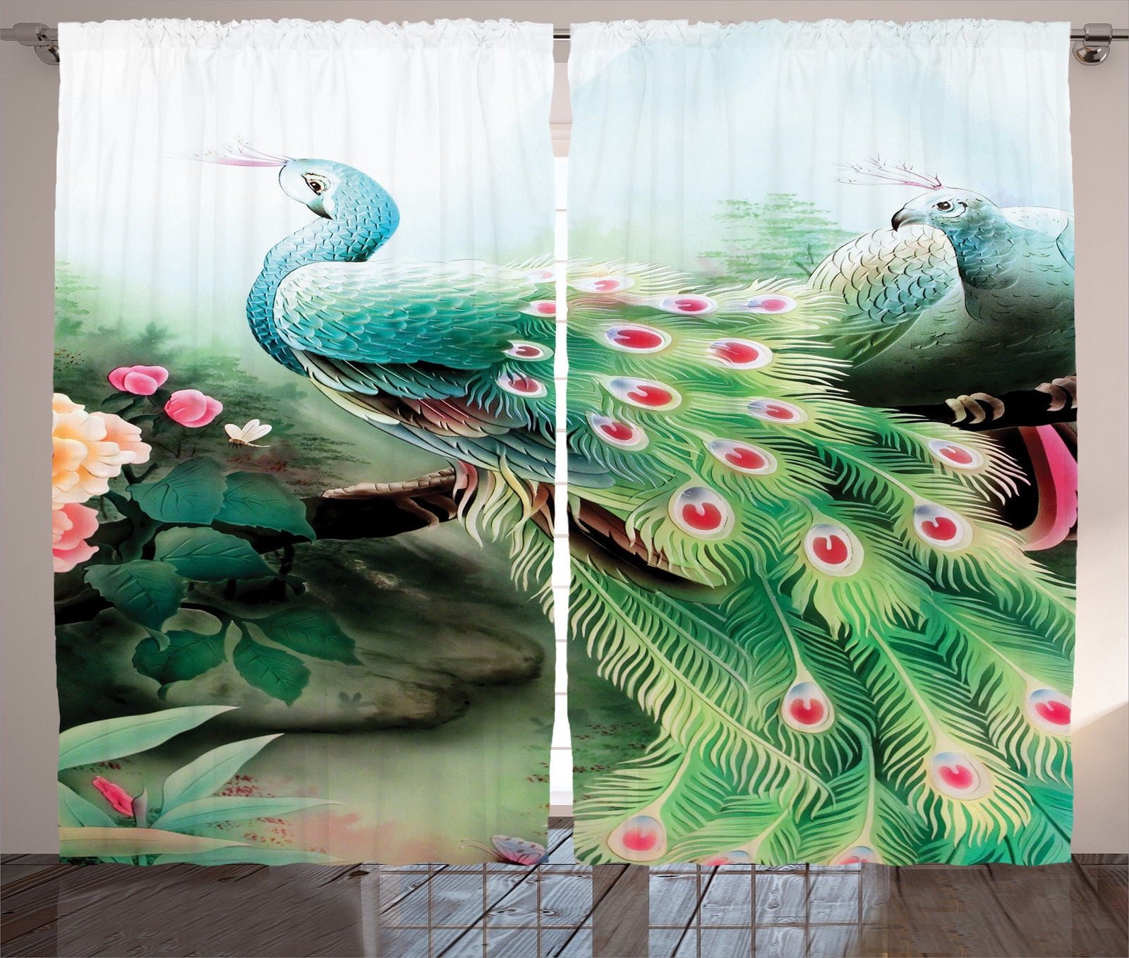 Peacock Decor Curtains 2 Panels Set Peacock In Summer Flower