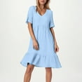 thumbnail image 5 of Womens Cute Wedding Guest Dresses Ruffle Tiered Layered Cotton Linen V Neck Casual Gauze Dresses Short Sleeve Knee Length Western Short Dresses Light Blue M, 5 of 5
