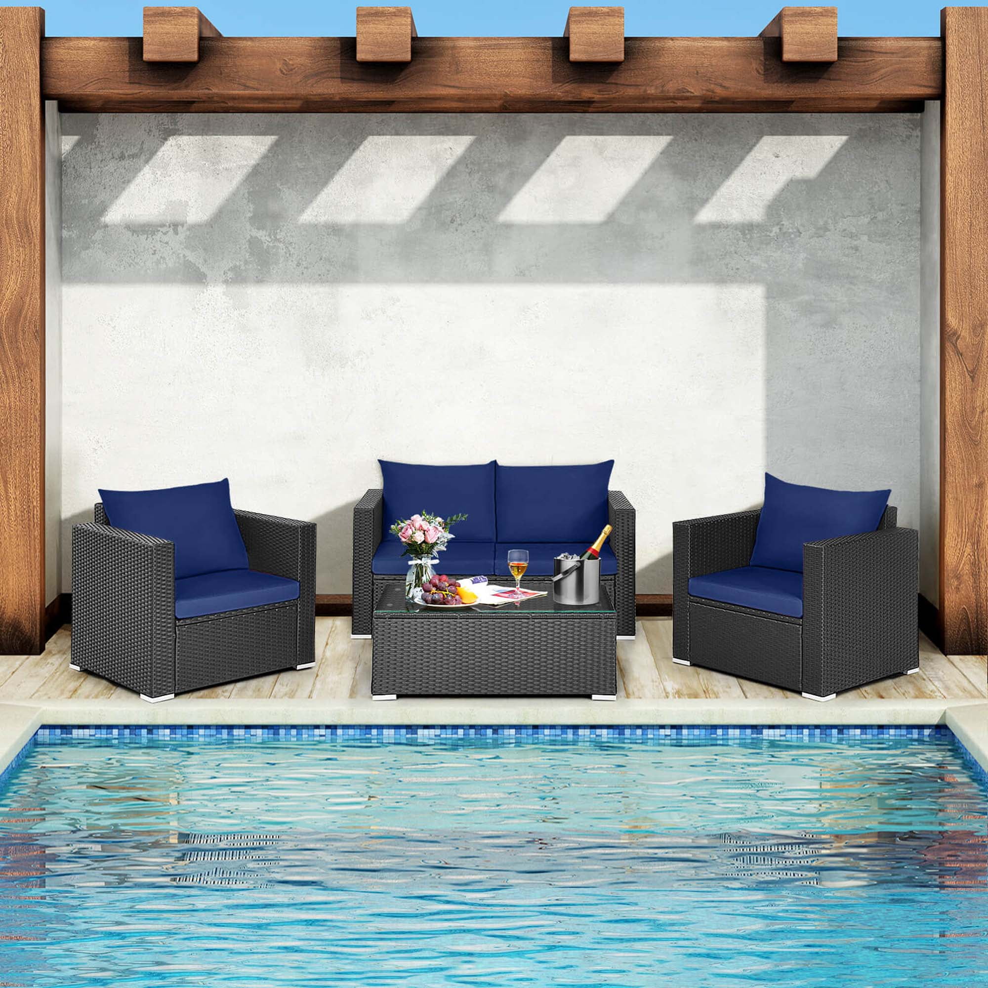Costway 4 PCS Patio Rattan Furniture Set Cushioned Sofa Chair Coffee Table Blue