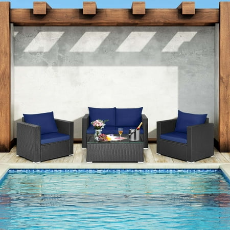 Costway 4 PCS Patio Rattan Furniture Set Cushioned Sofa Chair Coffee Table - Black,Blue