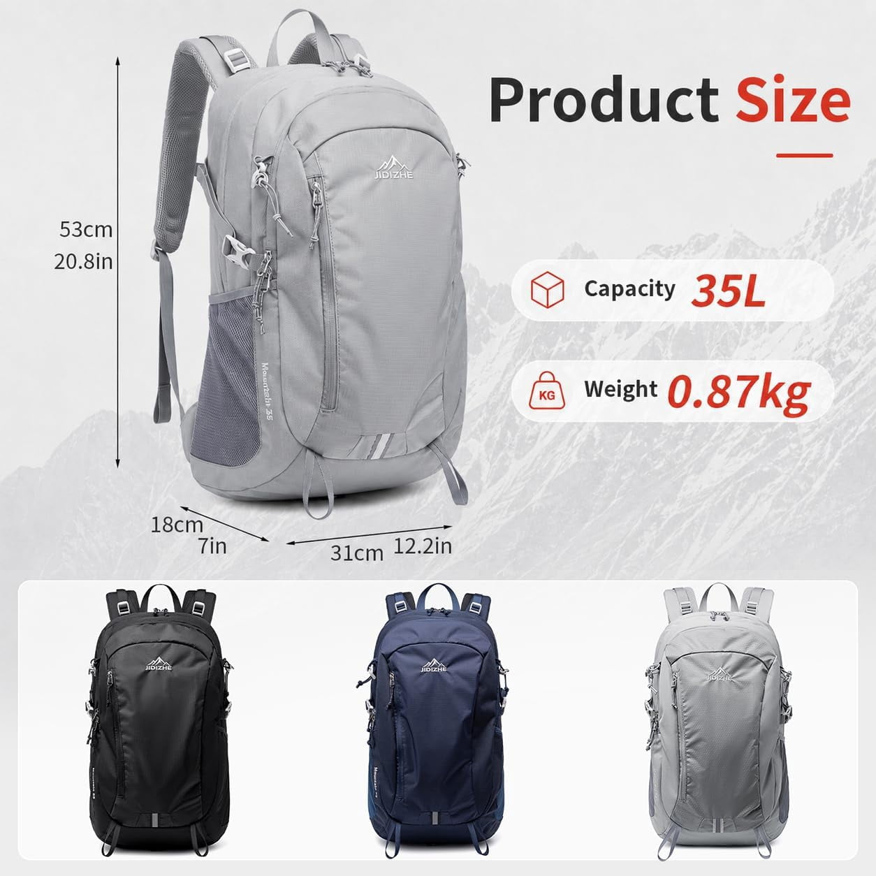 JIDIZHE 35L Hiking Backpack, Water Resistant Daypack with Rain Cover, Lightweight Design, Adjustable Chest Strap & Breathable Back Pad, Unisex for Hiking, Camping & Travel, Grey
