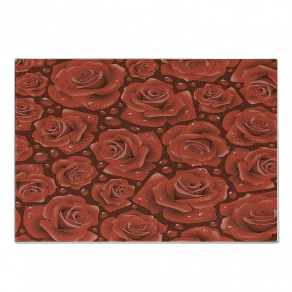 Rose Cutting Board, Vivid Red Roses Rain Water Drops Graphic Dewy Meadows Inspired Romantic Pattern, Decorative Tempered Glass Cutting and Serving Board, Small Size, Ruby Vermilion, by Ambesonne
