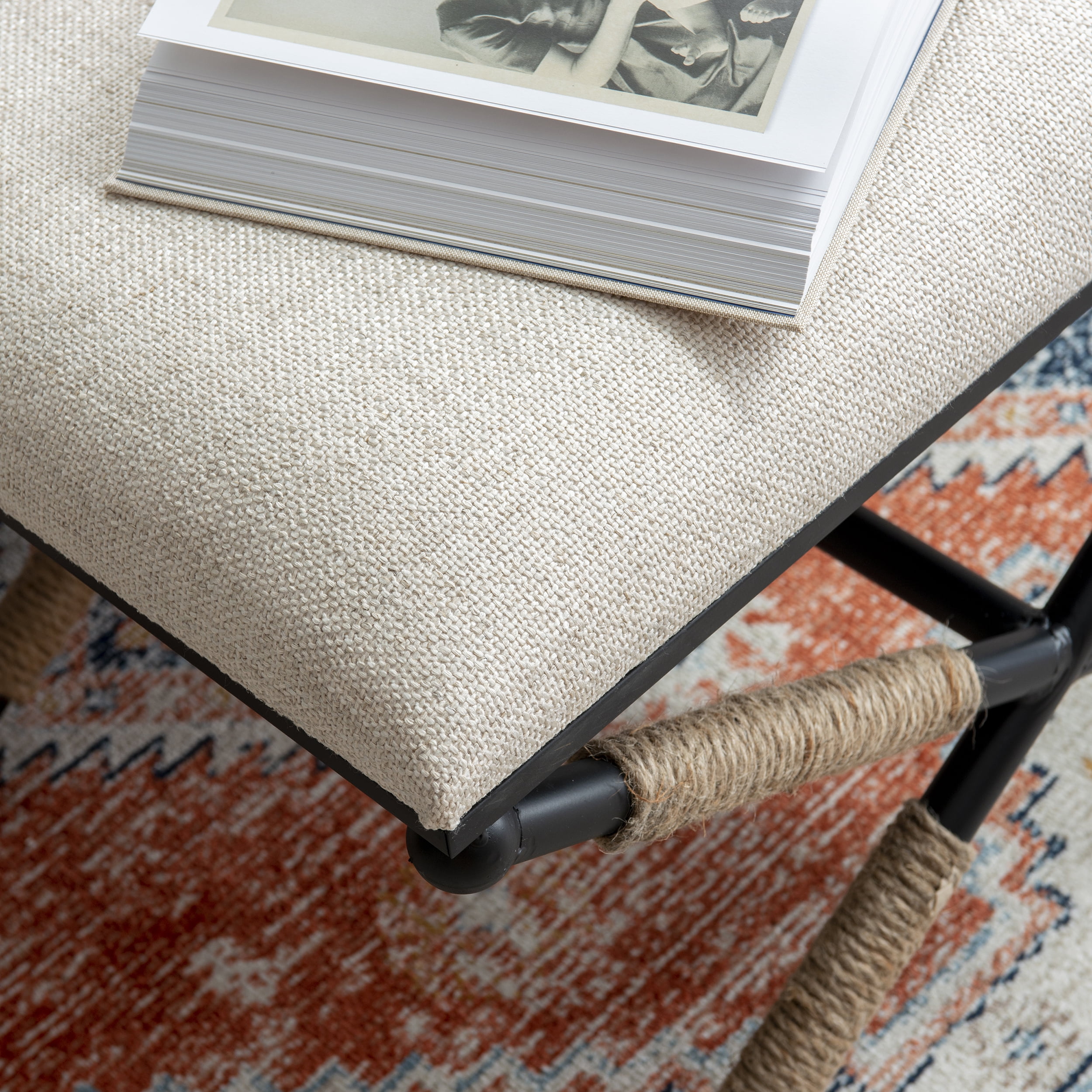 Linon Brewster Boho Backless Campaign Accent Stool, Black/Neutral