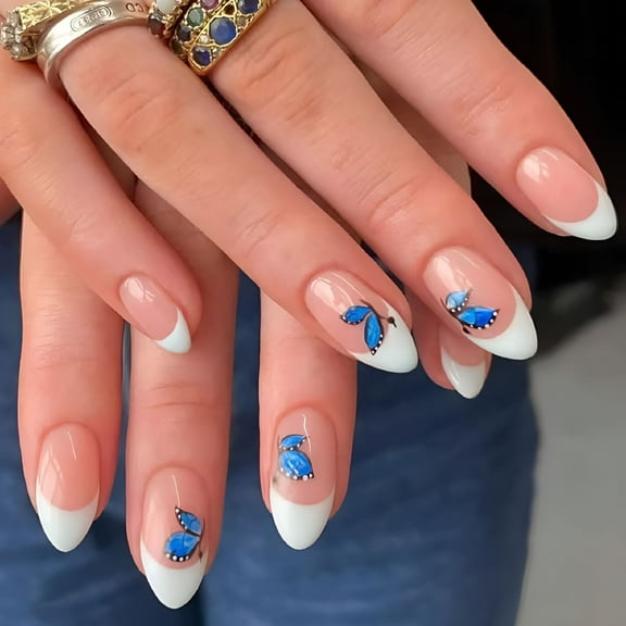 RAGUPEL French Tip Press on Nails Medium Fake Nails Almond White Stick on Nails with Butterfly Design